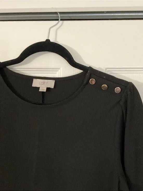 LOFT Black Long-Sleeve Shift Dress with Shoulder Buttons - Picture 3 of 4